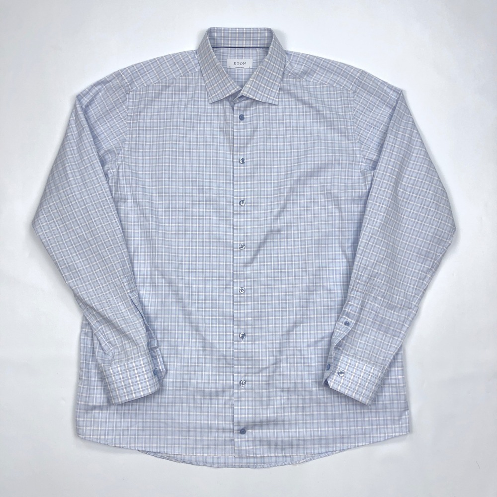 Eton Contemporary Fit Dress Shirt Mens 18 46 Light Blue White Plaid Cotton L/S